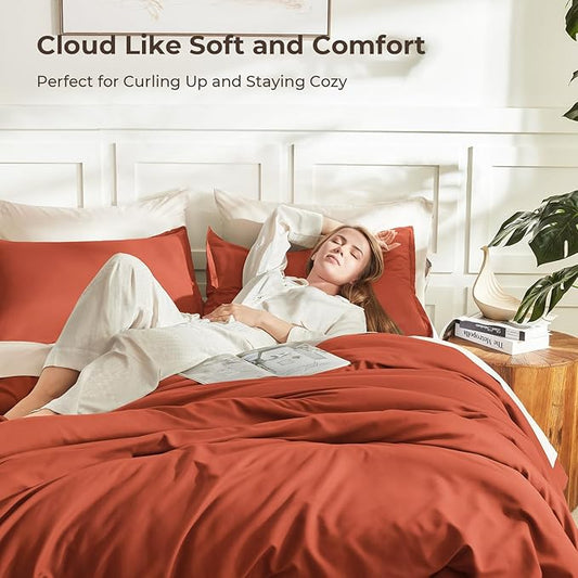 Litanika Boho Comforter Full Size Set Burnt Orange, 3 Pieces Fall Solid Terracotta Lightweight Bedding Comforter Set, Rust Fluffy Winter Quilted Blanket Set (79x90In Comforter & 2 Pillowcases)