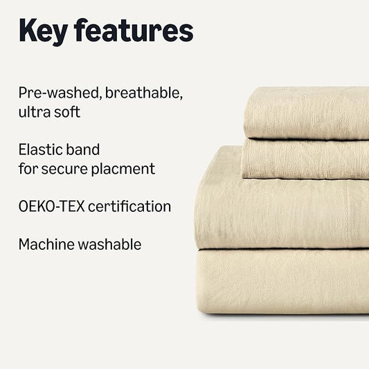Amazon Basics King Bed Sheet, 4-Piece Bedding Set, Double Brushed Microfiber, Ultra Soft, Easy Care, Beige