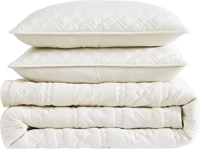 WDCOZY Boho Ivory Twin Quit Size Bedding Sets with 1 Pillow Sham, Cream White Farmhouse Lightweight Soft Bedspread Coverlet for All Season, 2 Pieces, 68x90 inches