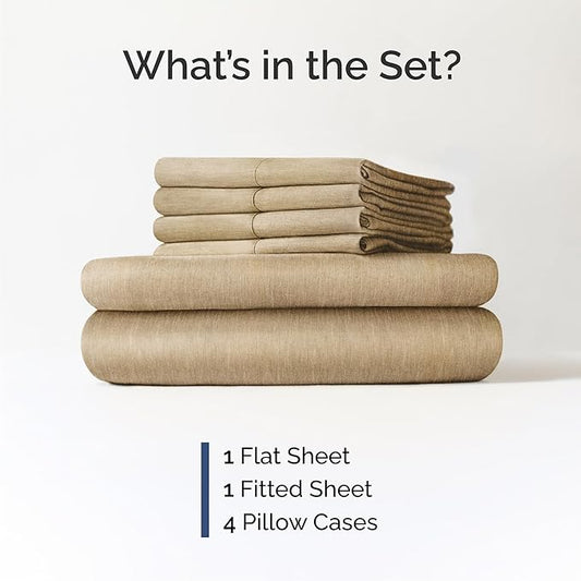 Queen 6 Piece Sheet Set - Comfy Breathable & Cooling - Soft Hotel Luxury Bedding Set with 8-16 Inch Deep Pockets - 1 Flat & 1 Fitted Sheet & 4 Pillowcases - Wrinkle Free & Easy Care - Heathered Tan