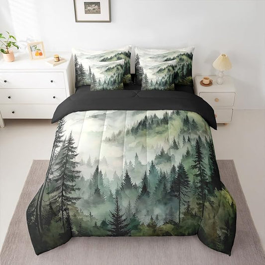 Erosebridal Dark Green Misty Forest King Bed in A Bag 7 Piece Mountain Foggy Woodland Comforter Set with Sheets Rustic Pine Tree Bedding Sets for Kids Adults,Watercolor Nature Theme Bed Set
