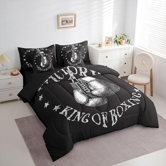 Castle Fairy Boxing Gloves King Size Bedding Sets with Sheets,Comforter,Pillowcases,Pillow Covers Gray Stars Decor Boxing Theme Comforter Set for Kids Teens Adults Bedroom Dorm Bed Set 7 Pcs