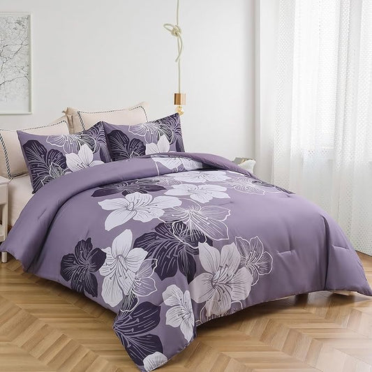 Menghomeus Dark Purple Comforter Set Full Floral Bedding Comforter Sets - Soft Microfiber Bed Set for All Season 3 Piece Botanical Flowers Comforter, Pillowcases