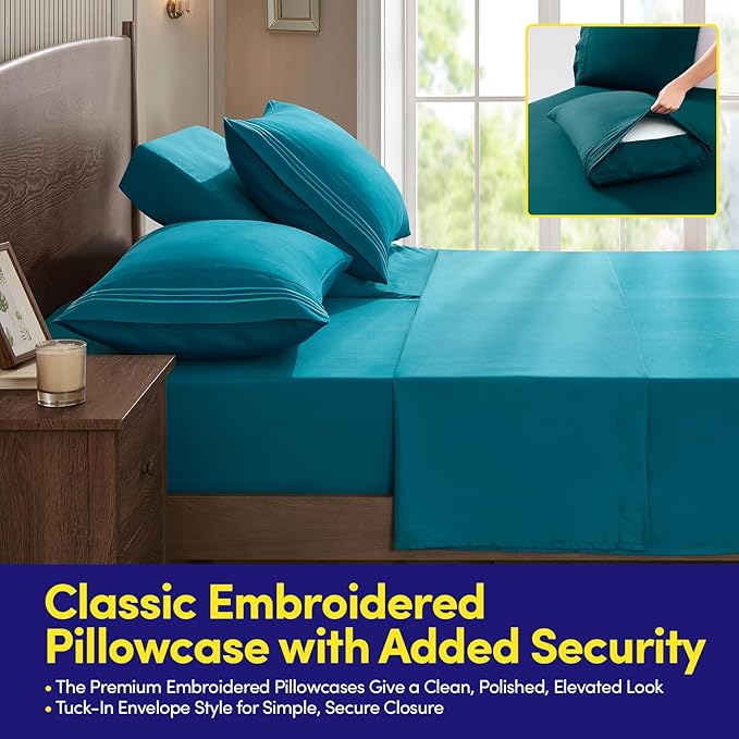 Split Head King Sheets Set for Adjustable Beds 4 Piece Flex Top Bed Sheets โ Deep Pocket Split Top Fitted Sheet with Built-in Corner Straps, Luxury Soft Cooling Bedding, Wrinkle Resistant, Teal