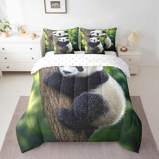 Feelyou Cute Panda Comforter Set 7 Pieces Queen Size Kawaii Bear Bedding Set for Boys Girls Nature Bed in a Bag with Comforter, Sheets, Pillowcases & Cushion Covers