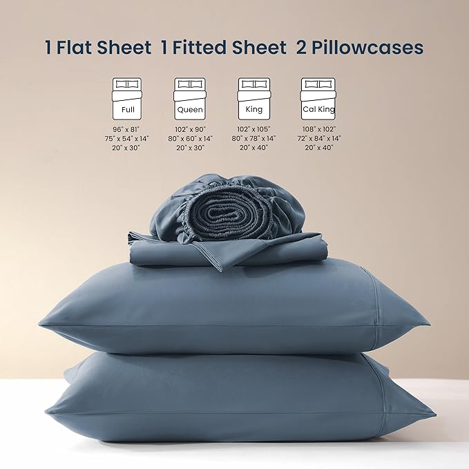 SLEEP ZONE Nanotex Super Soft Cooling Bed Sheets Set Cal King 4 Piece - Easy Care Fitted Flat Sheet & Pillowcase Sets - Wrinkle Free, Fade Resistant, Deep Pocket 16" (Flint Blue, Cal King)