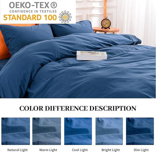 NEXHOME PRO Duvet Cover Set 100% Washed Cotton California Kingn 104"x98", Organic Natural Linen Look Textured 3 Pieces Bedding Set Royal Navy Klein Blue with Zipper Closure, Soft(No Comforter)