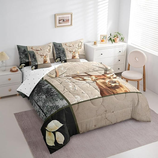 Erosebridal Elk Deer Bed in a Bag King Size Comforter Set 7 Pieces,Woodland Animals Bedding Sets Wild Animals Sheet Set with Comforter