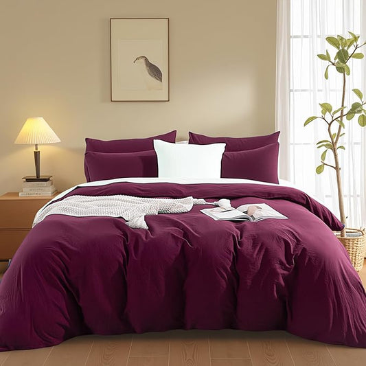 NEXHOME PRO 100% Washed Cotton Duvet Cover Full Size, Ogranic Natural Linen Feel Breathable Bedding Set with Zipper Closure, 3 Pieces Duvet Cover Set Wine (No Comfortert) 8090