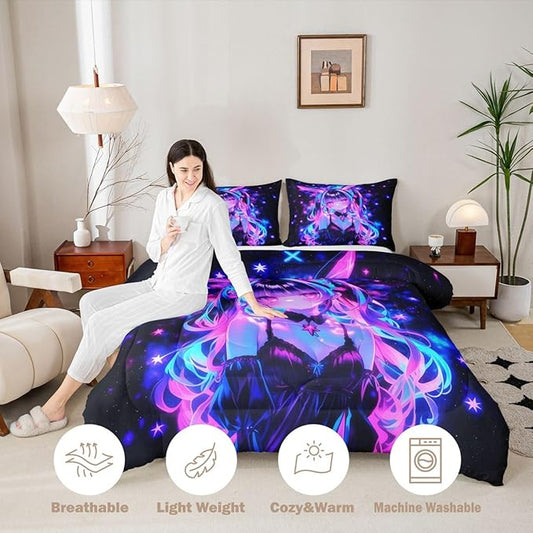 Erosebridal 3D Mushroom Girls Bedding Sets King - Japanese Modern Fashion Comforter Set for Kids Adults Abstract Graffiti Duvet Insert Watercolor Aesthetic Quilt