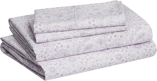 Amazon Basics Lightweight Super Soft Easy Care Microfiber 4-Piece Bed Sheet Set with 14-Inch Deep Pockets, Queen, Lavender Paisley, Printed