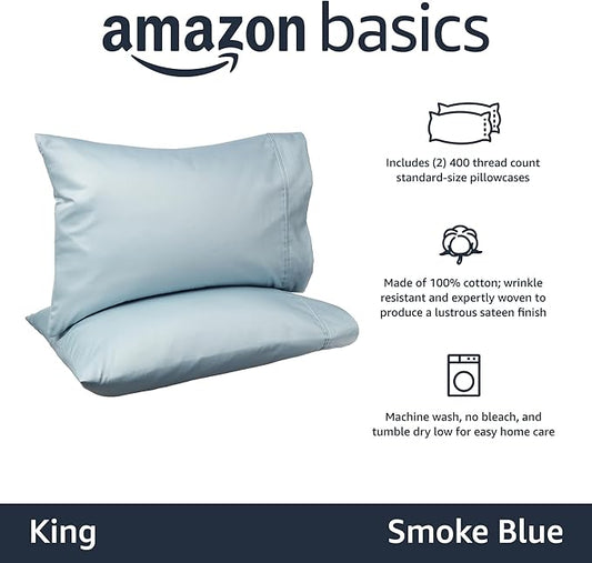 Amazon Basics 400 Thread Count 100% Cotton Pillow Cases, Sateen Weave, King Size, 40" x 20", Smoke Blue, Set of 2