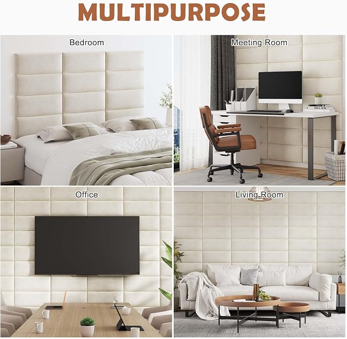 IFNOW Wall Mounted Headboard, Peel and Stick Panels, Lvory White, King | Upholstered 3D Soundproof Acoustic Panels Reusable and Removable Padded Leather Bed Headboard, 12 Panels 9.84" x 23.62"