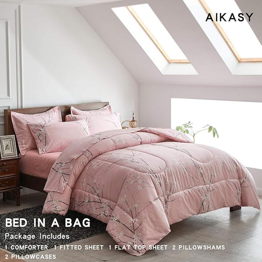 AIKASY Bed in a Bag 6 Pieces Twin Size - Floral Print - Soft Microfiber, Reversible Bed Comforter Set (1 Comforter, 2 Pillow Shams, 1 Flat Sheet, 1 Fitted Sheet, 1 Pillowcases)(Pink, Twin)