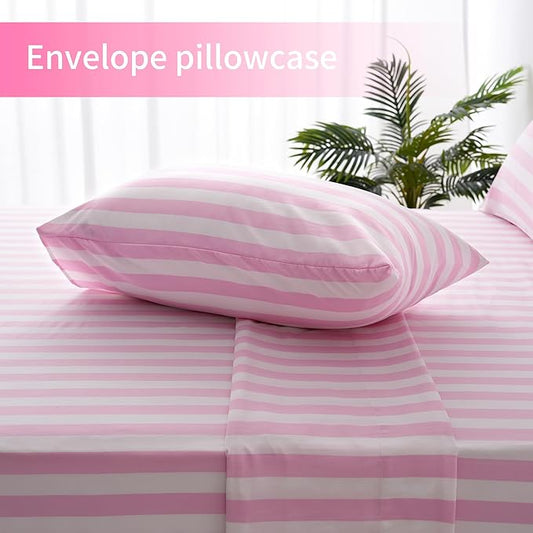 Best Season Bed Sheet Set 4 Piece -Full Size-Soft Durable Microfiber Bedding Sheet Set,Deep Pocket,Stain,Fade & Wrinkle Resistant Green and White Pinstripe (Stripe Pink&White)