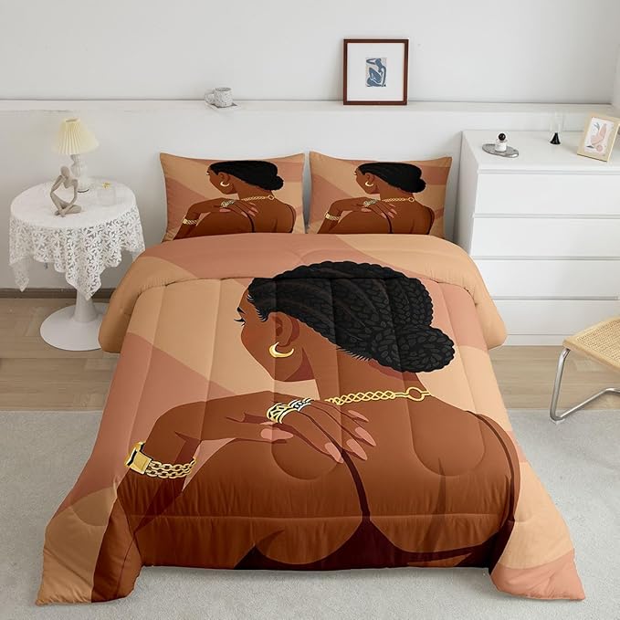Erosebridal Fashion Black Woman Comforter Set King Size 3 Piece Romantic Makeup Themed Girls Bedding Set Fashionable Gorgeous Down Comforter Vogue Afro Girls Duvet Insert for Kids Teens Adult Bedroom