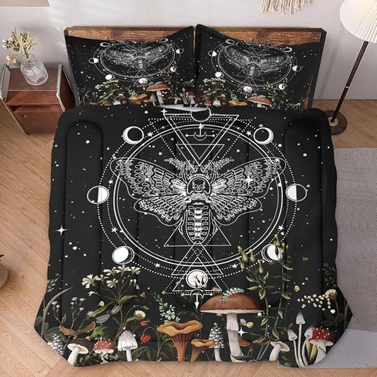 Full Size Comforter Set with 2 Pillowcases, Moth Dead Moon 3 Pcs Bedding for Kids and Adults, Vintage Mushroom Wildflower Soft Comforter Set for Bedroom Bed Decor