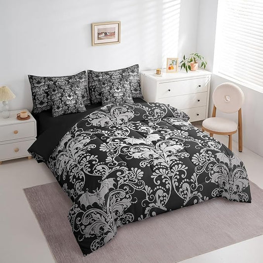 Erosebridal Gothic Damask Bed in a Bag King Size Comforter Set 7 Pieces,Halloween Bat Bedding Sets Black White Victorian Floral Goth Sheet Set with Comforter