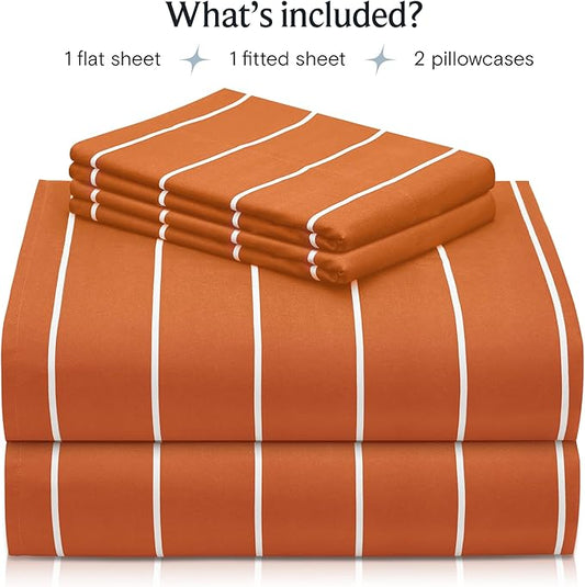 LuxClub 4 PC Sheet Set Bed Sheets Deep Pockets 16" Wrinkle Free Cooling Machine Washable Hotel Bedding Silky Soft - Striped-Autumn Orange King