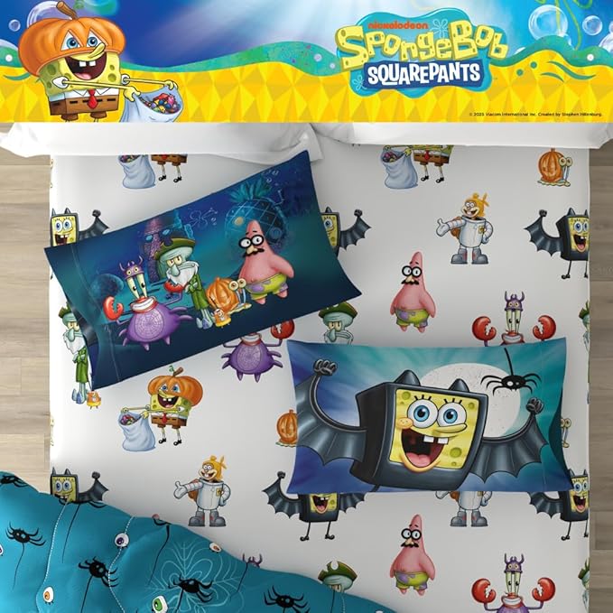 Spongebob Squarepants Kids Halloween Bedding 5 Piece Super Soft Cozy Reversible Comforter and Sheet Set with Sham, Twin, (Officially Licensed Product) by Franco