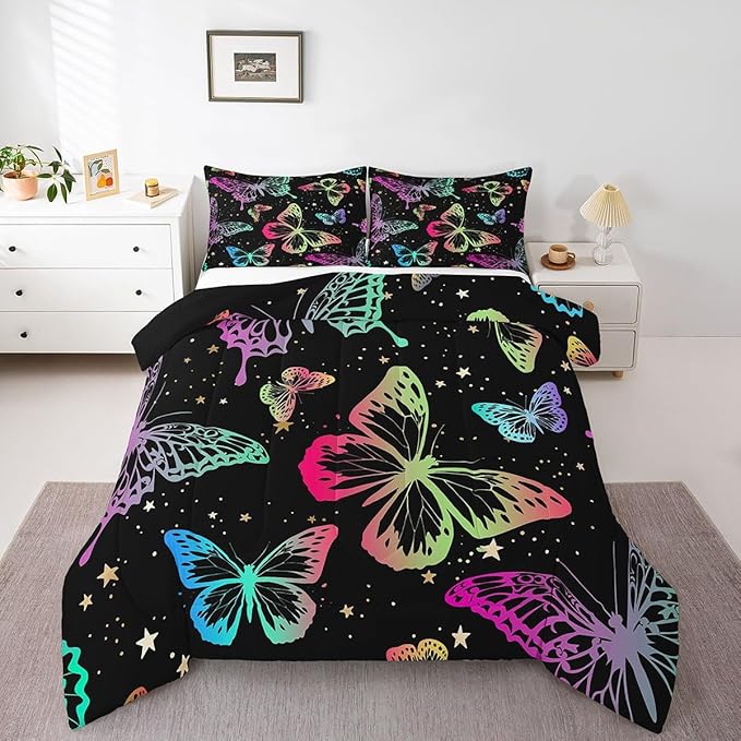 Erosebridal Butterfly Comforter Set King Starry Sky Galaxy Colorful Ombre Butterflies Bedding Sets for Kids Girls Teens Women Cartoon Bedding Comforters & Sets Room Decor with 2 Pillow Cases