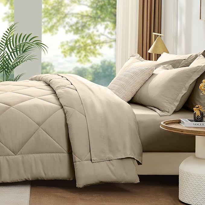 FUANNA 7 Pieces King Size Comforter Set, All Season Bed in a Bag King Size, Luxury Soft Bedding Sets with Comforter, Flat Sheet, Fitted Sheet, Pillowcases & Pillow Shams, Oatmeal