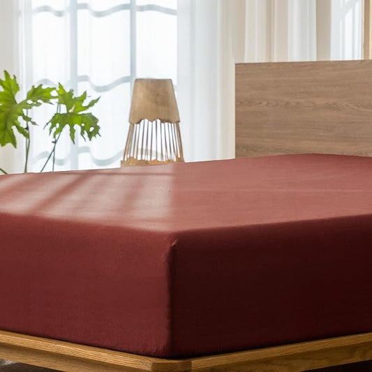 MooMee Fitted Bottom Sheet Only 100% Washed Cotton Linen Like Textured Breathable Durable Soft Comfy Deep Pocket Fits Mattress up to 17" (Solid Fired Brick Red, Twin)
