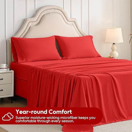 King Size Sheets Set, 4 Pieces Hotel Luxury Soft Microfiber Bed Sheets Set, Up to 16" Deep Pockets, Oeko-Tex Sheets with Elastic, Breathable, Wrinkle Free (Red, King)
