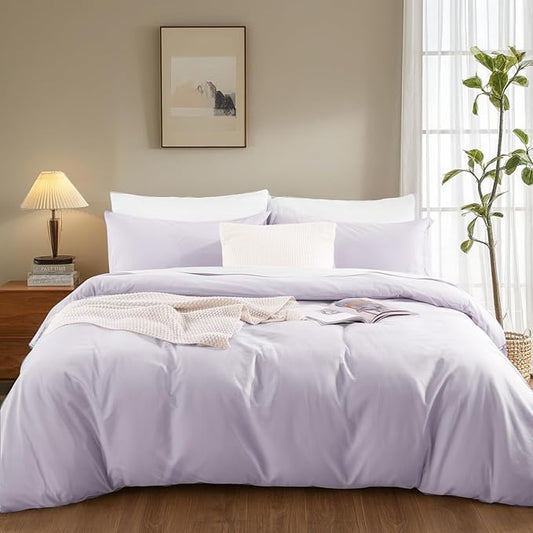 NEXHOME PRO King Duvet Cover Set, 100% Washed Cotton with Linen-Like Texture, Natural Organic, Breathable & Comfortable, Includes Home Bedding Set Lilac (No Comforter) 10490