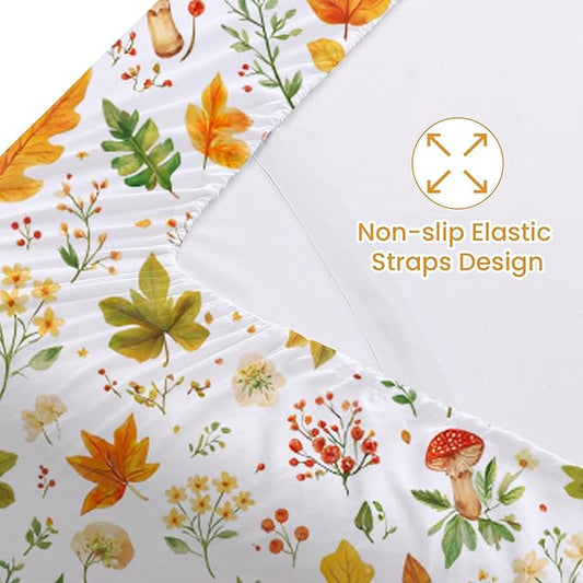 Softan Orange Floral King Size Sheet Set, Printed Microfiber Fitted Sheet with 15" Deep Pockets & Non-Slip Straps, Maple Leaves & Mushroom Patterned Bedding Sheets & Pillowcase Set