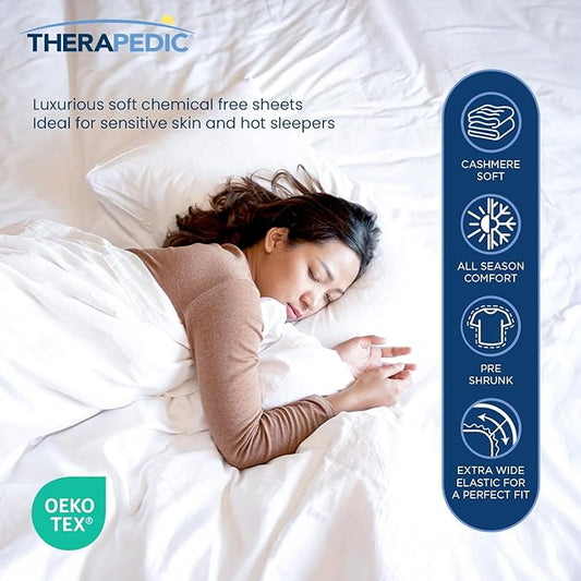 Therapedic 100% Egyptian Cotton Split King 7-Piece Sheet Set – Naturally Cooling & Breathable Sateen, Preshrunk Garment Wash, 16" Deep Pocket Fitted Sheet, Bonus Pillowcases, Soft & Durable - White