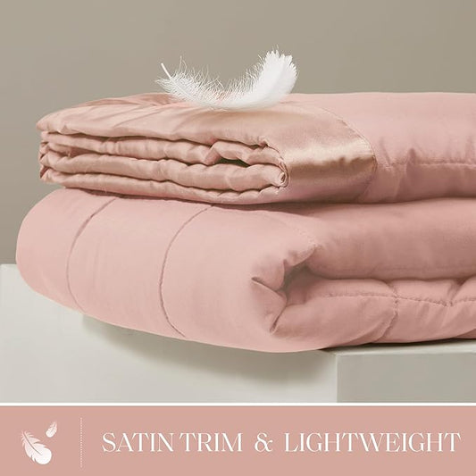 Madison Park Windom Down Alternative Blanket, Premium 3M Scotchgard Moisture Wicking Treatment, Lightweight and Soft Bed Cover For All Season, Satin Trim, Blush Full/Queen