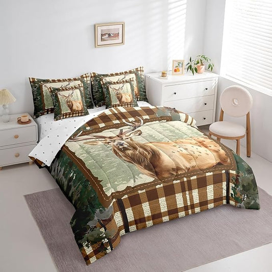 Erosebridal Elk Deer Comforter Set 7 Piece Bed in a Bag Twin,Woodland Animals Bedding Sets Ombre Camouflage Sheet Set with Comforter