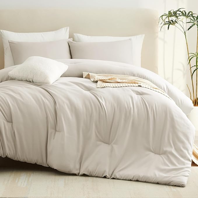 CozyLux Twin/Twin XL Comforter Set Beige, 2 Pieces Twin Extra Long Solid Breathable Bedding Sets for College Dorm, Luxury Soft Bed Set with Down Alternative Comforter and 1 Pillowcase All Seasons