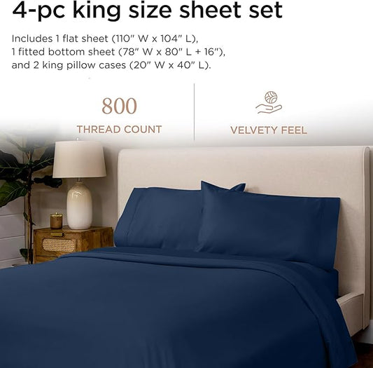 Threadmill Luxury 800 Thread Count King 100% Cotton Sheets - Folkstone Blue Sateen Weave Bed-Sheets, Better Than Egyptian Cotton, 4 Pc Solid Soft Bed Set, Fits 16" Deep Pocket