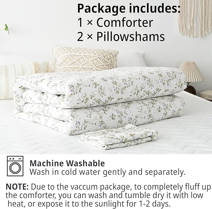 Botanical Cotton Comforter King Size - Tender Green Comforter Printed with Leafy Branches & Purple Stamens on Off-White,Reversible Lightweight Bedding Sets 3Pcs