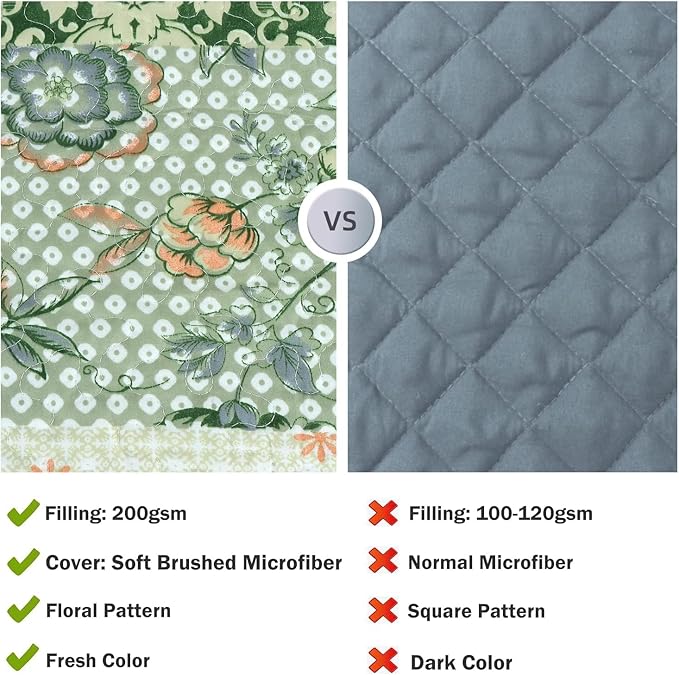 Cmfshape Summer Floral Oversized King Quilted Bedspread,Romantic Green Quilt Set,Reversible Stitched Bedding Cover All Season,Soft Lightweight Coverlet with Pillow Cases (Green,114"x102")