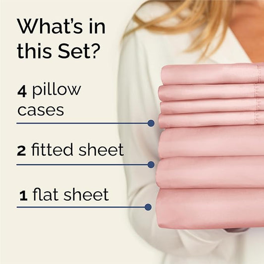 Split King 7 Piece Sheet Set - Comfy Breathable & Cooling - Soft Hotel Luxury Bedding Set with 8-16 Inch Deep Pockets - 1 Flat & 2 Fitted Sheet & 4 Pillowcases - Wrinkle Free & Easy Care - Baby Pink