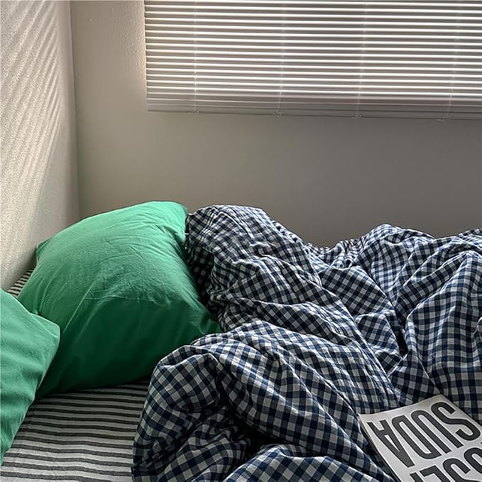 Nayoroom Navy Blue Gingham Duvet Cover Queen Size 100% Washed Cotton Plaid Checkered Duvet Cover 3 Pieces Soft Breathable Grid Farmhouse Dorm Bedding Set for All Seasons
