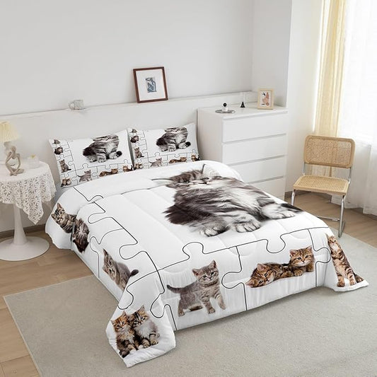 Castle Fairy 3D Cats Print Queen Size Comforter Set,Cute Pet Theme Down Alternative Comforter Adults Bedroom Decor,Lovely Kittens Kids Cartoon Animal Ultra Soft Microfiber Inner Fill 3Pcs Bedding