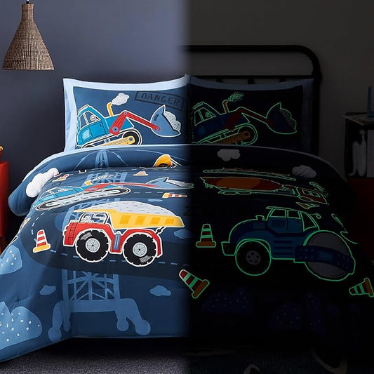 Full Size Comforter Set for Boys-7 Pieces Truck Tractor Excavator Glow in the Dark Full Bedding Sets for Kids, Ultra Soft Bed in A Bag with Sheets
