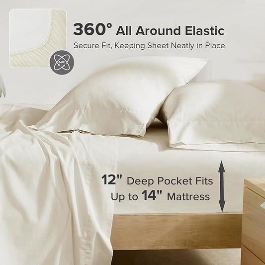 Comfort Spaces 100% Cotton Sheets Twin, Breathable, Soft Cotton Sheets, Naturally Cool Cotton Bed Sheets with 12" Elastic Pocket Fits up to 14" Mattress, All Season Sheet Set, Twin Ivory 3 Piece