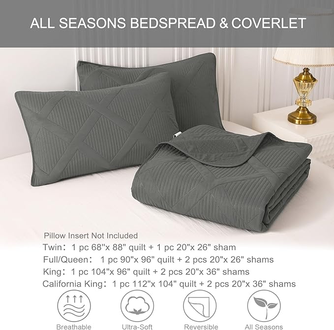 Exclusivo Mezcla King Quilt Set- Grey Quilts Bedding Set with 2 Pillow Shams, Modern King Bedspread with Striped Pattern, Soft Lightweight Bedspreads Coverlets for All Seasons