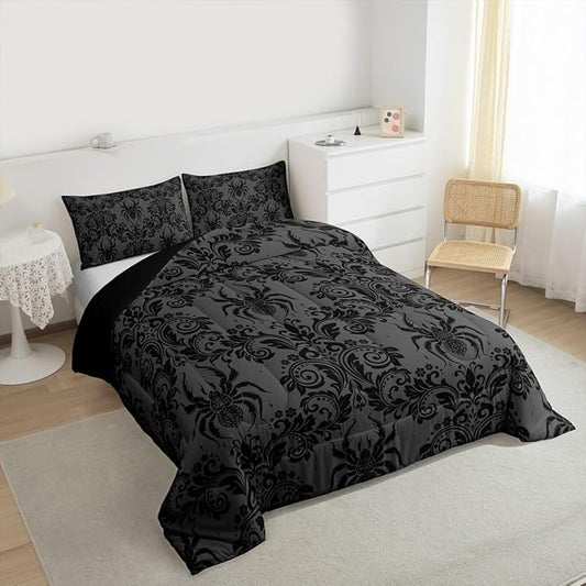 Feelyou Adults Gothic Comforter Set Twin Size Dark Olive Green Damask Bedding Set for Kids Boys Girls Spider Duvet Quilt Bedroom Decor Microfiber 2 Pcs with 1 Pillow Cases