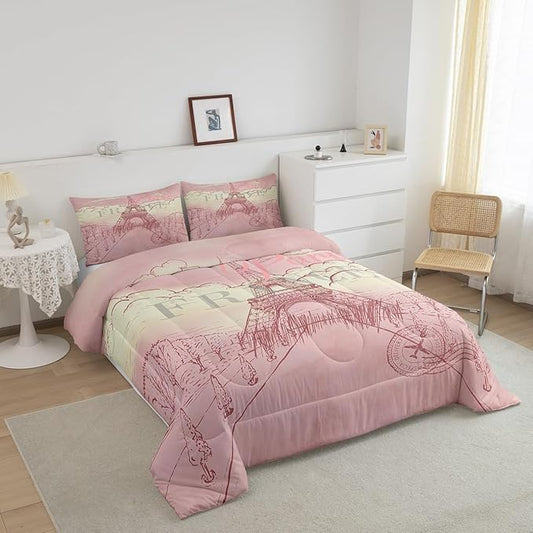 Castle Fairy Eiffel Tower Bedding Set for Boys Girls,Retro Paris Style All Season Cozy Comforter Set Full Size,Vintage Cityscape Girls Women Landmark Duvet Set Bedroom Décor,Gift for Kids