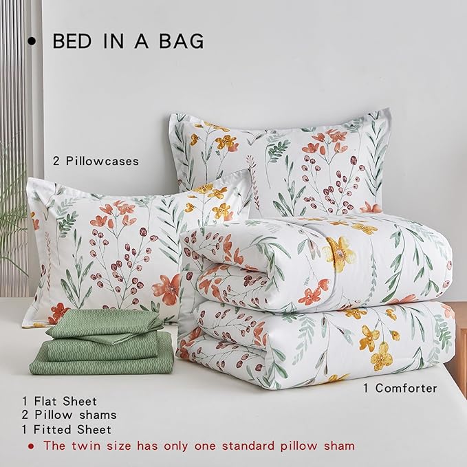 AIKASY Bed in a Bag 6 Pieces Twin Size - Floral Print - Soft Microfiber, Reversible Bed Comforter Set (1 Comforter, 2 Pillow Shams, 1 Flat Sheet, 1 Fitted Sheet, 1 Pillowcases)(White, Twin)