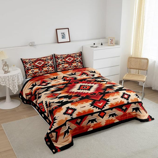 Feelyou Boho Comforter Set Full Size Southwest Native American Design Comforter Southwestern Geometric Bedding Set Western Decor Duvet Set Room Decor Hot Orange Quilt Set