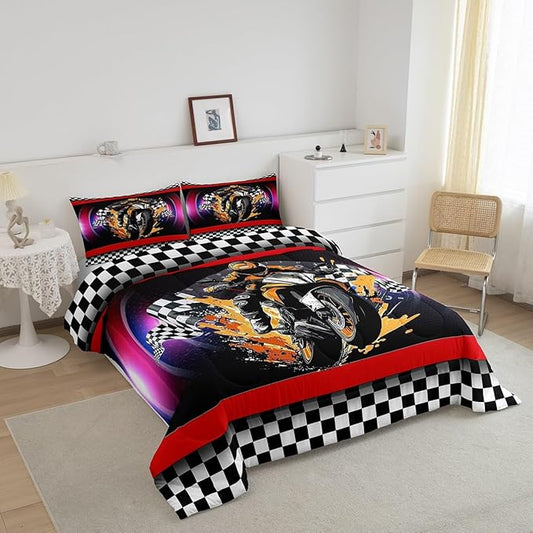 Feelyou Dirt Bike Comforter Set Queen Size Flag Comforter Racing Motocross Rider Bedding Set Extreme Sports Duvet Set Room Decor Black Purple Quilt Set
