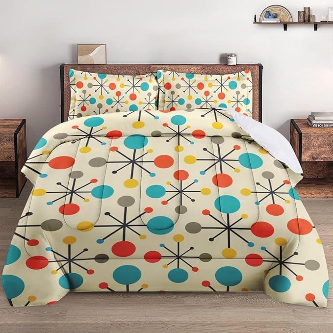 Queen Size Comforter Set with 2 Pillowcases, Mid Century Retro 50S Atomic Soft 3 Pcs Bedding for Kids and Adults Bedroom Bed Decor