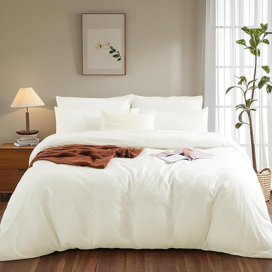 NEXHOME PRO Queen Duvet Cover Set, 100% Washed Cotton with Linen-Like Texture, Natural Organic, Breathable & Comfortable, Includes Home Bedding Set Milk White (No Comforter) 9090
